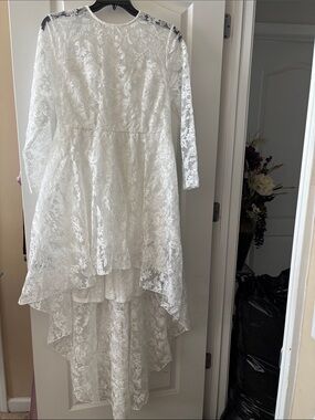 White Lace High-Low Wedding Dress with Long Sleeves